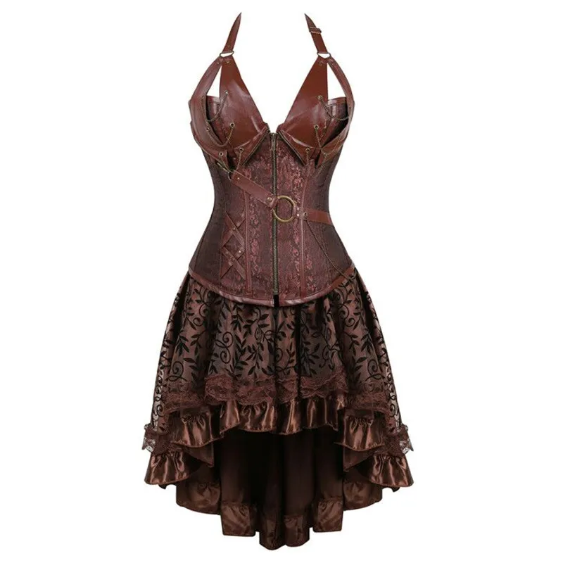 

women plus size steampunk corsets dress victorian gothic front zip corset bustier faux leather skirts set brown black halloween