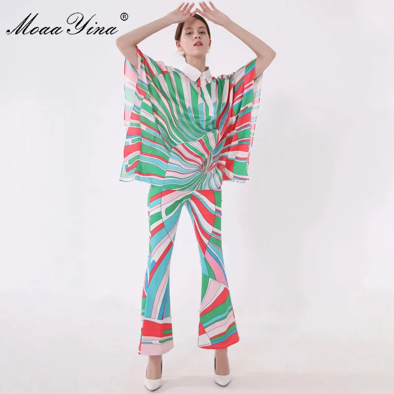 

MoaaYina Fashion Designer Set Spring Summer Women Batwing Sleeve Stripe Print Loose Tops+Bell-bottoms Two-piece suit