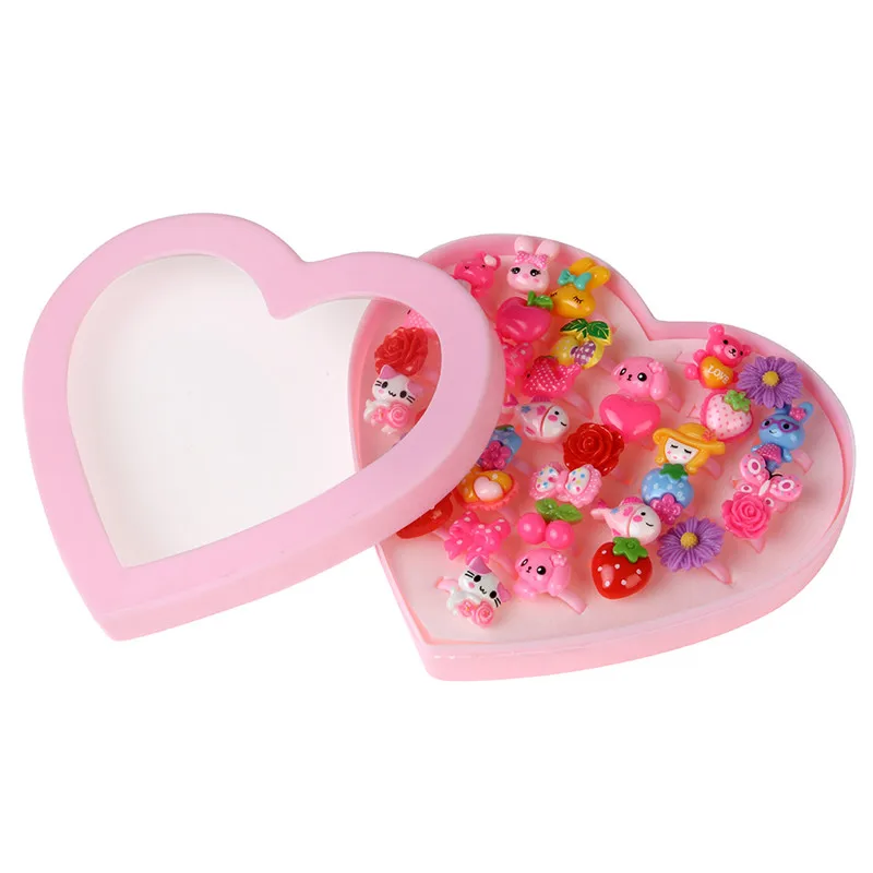36pcs Mixed Animals Flower Metal Resin Girls Children Adjustable Rings Cartoon Finger Jewelry Pink Heart Shaped Box