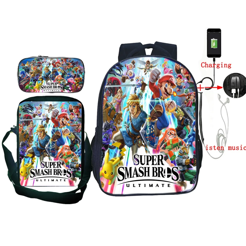 

Super Mario Smash Bros Students Boys Girls Backpack Surprise Gift Schoolbag Rucksack 3pcs/set Backpack+Shoulder Bag+pencil Case