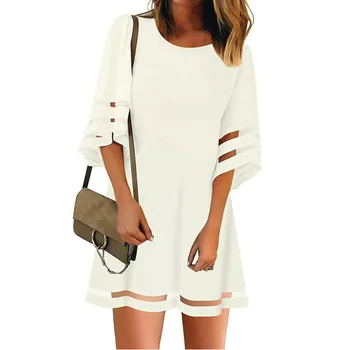 

2019 Summer Women Casual Loose Club Beach Boho Dress Half Sleeve Mesh Stitching O Neck Solid Dresses