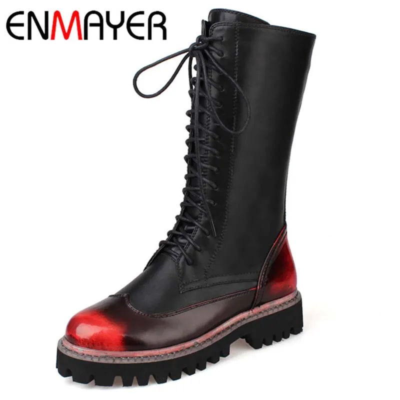 

ENMAYER  Size 34-39 Advanced Full Grain Leather Mid-Calf Round Toe Zip Boots For Women 2-color  New Fashion Boots Martin Boots