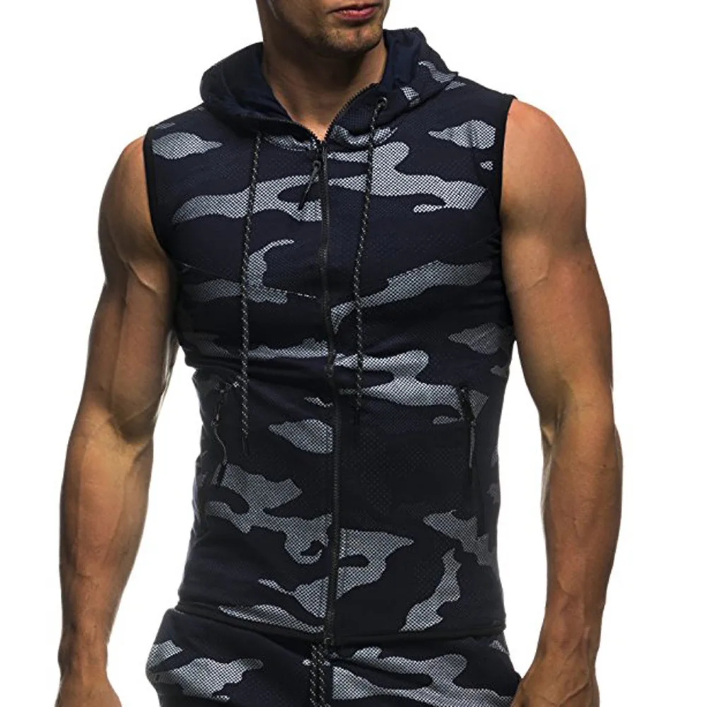 

Camouflage Gym clothing Summer 2019 Casual Sleeveless Camouflage Printed Hooded fitness clothing gym tank top men