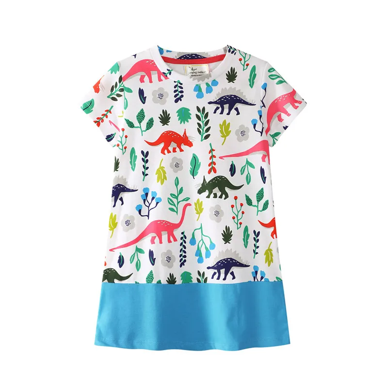

New style baby girls cartoon dresses with printed some dinosaurs kids hot selling short sleeve dress girls top quality clothing