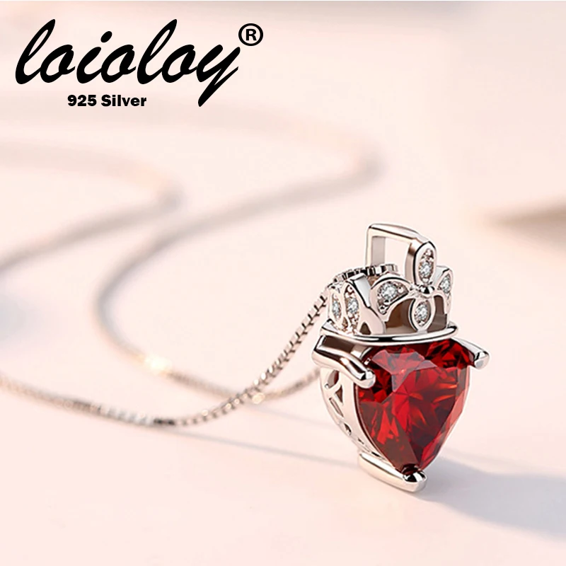 

Loioloy Jewelry Red Garnet Birthstone Solid 925 Sterling Silver 45cm box chain Heart Pendant Necklace For Women