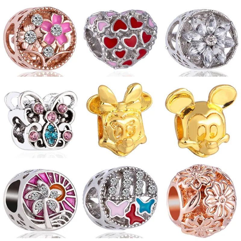 Hot Selling Hollow Tree Butterfly Flower Mickey Crystal Heart Pandora Charms Beads Fit Bracelets Jewelry for Women Making Gifts | Украшения