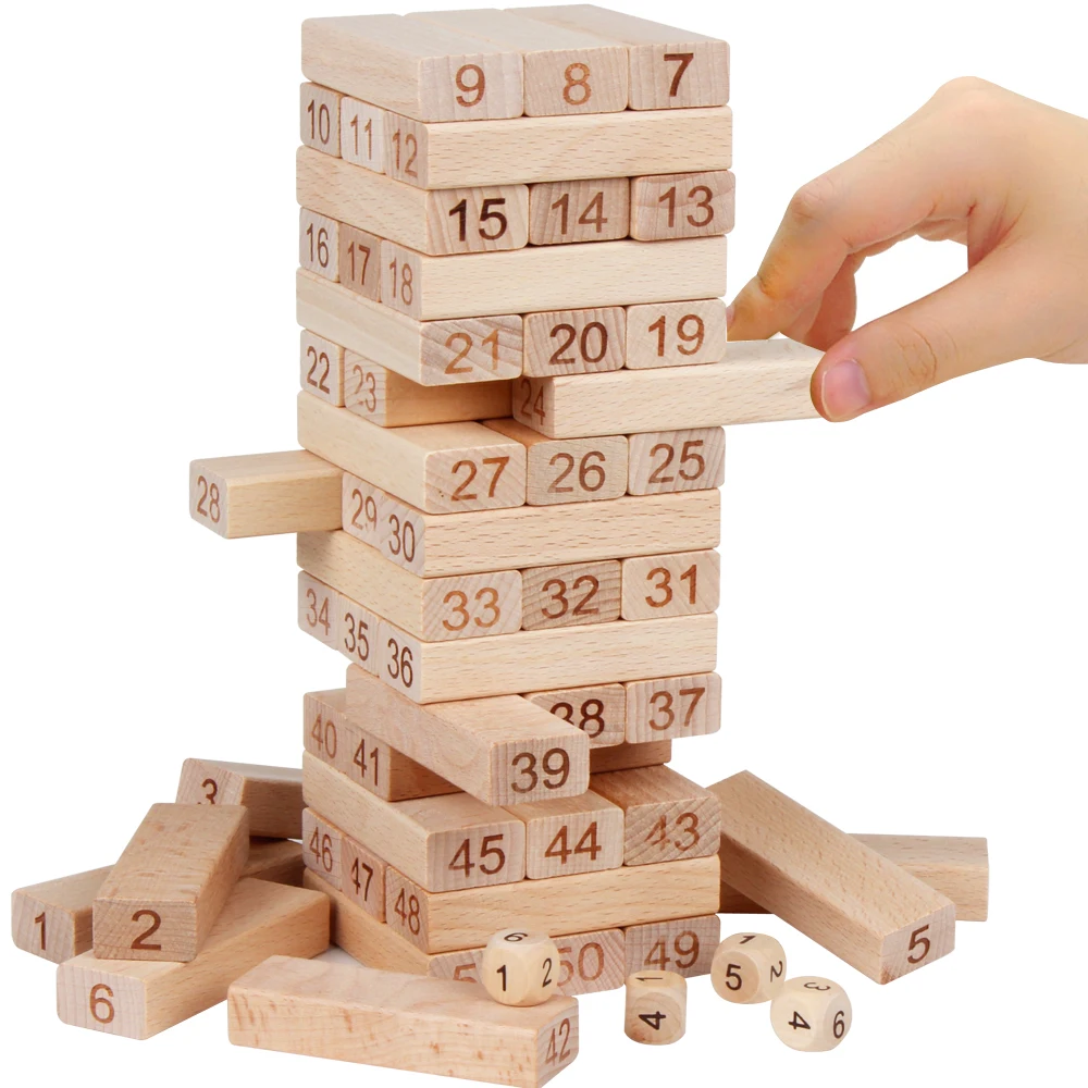 

Baby Toys Family Game Wooden 48Pcs Blocks+4Pcs Dice Tumbling Stacking Tower Digital Building Blocks Popular Game Education Gift