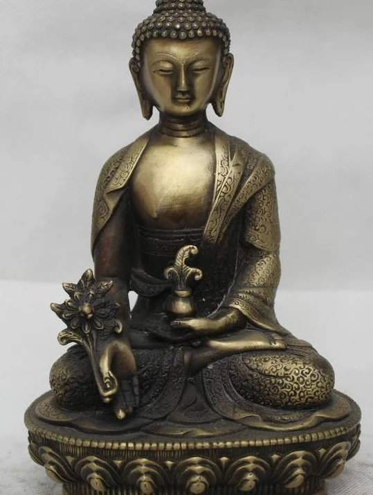 

9" Tibet Buddhism Bronze Seat Lotus Menla Medicine Buddha medical God Statue