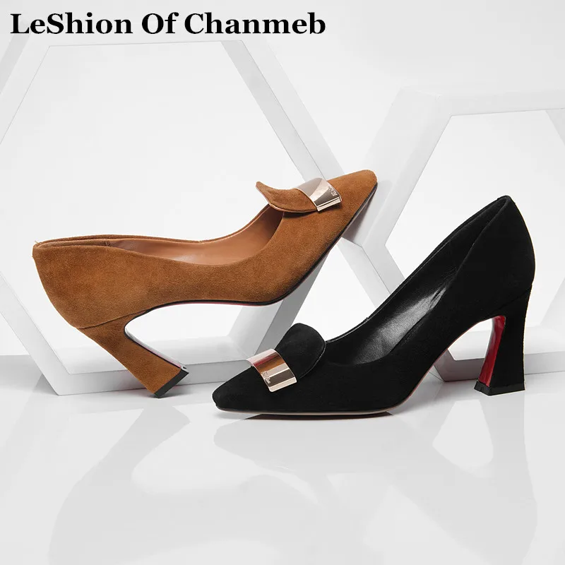 

2019 Thick High Heels Sheep Suede Lady Office Work Career Pumps Black Brown Dress Shoes Metal Large Size Women Sexy Party Pumps