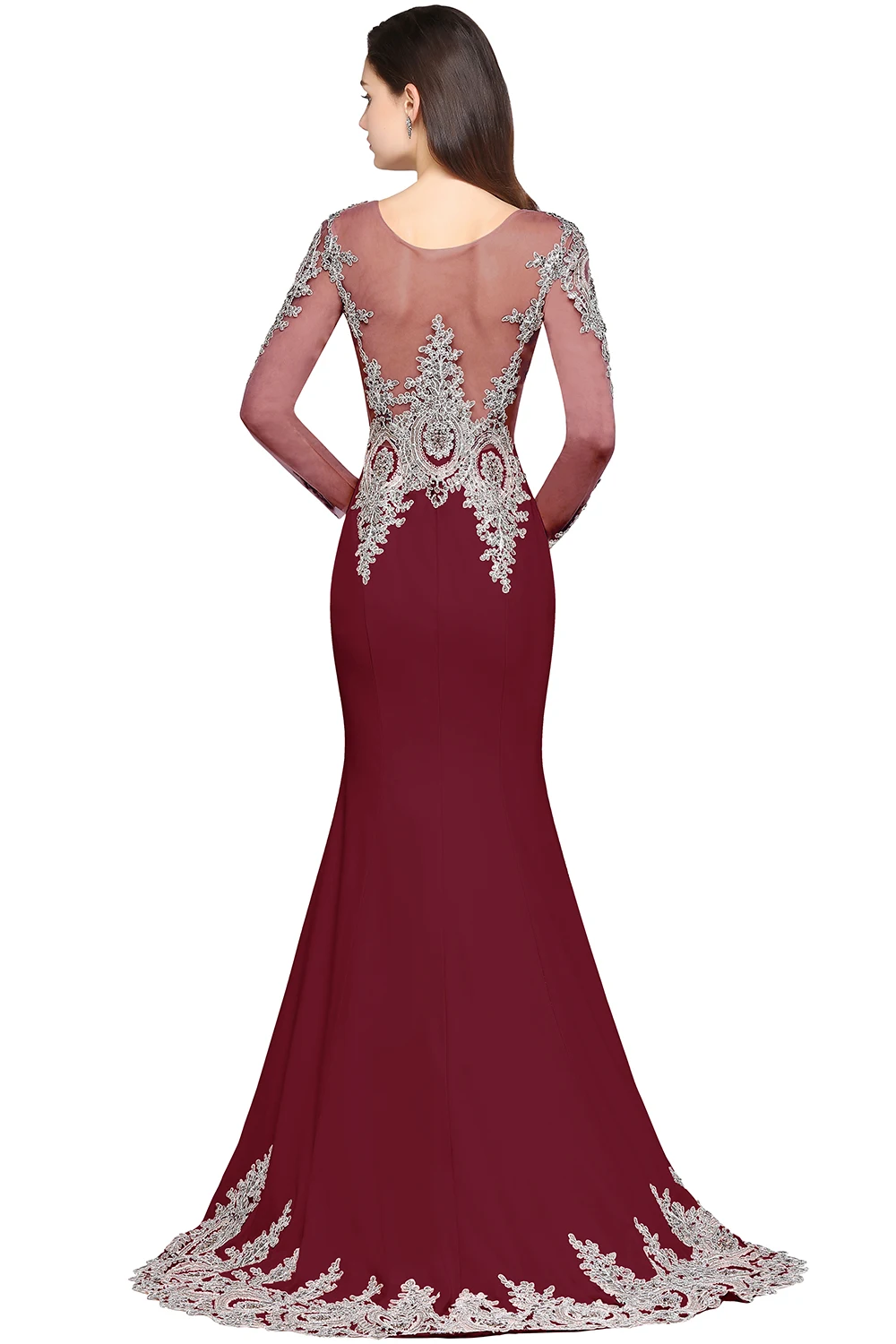 Vestido de Festa Sexy Sheer Back Sliver Beaded Lace Pink Mermaid Evening Dress Long Sleeve Evening Gown Robe de Soiree