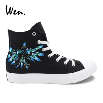 

Wen Hand Painted Black Shoes Legend Of Zelda Blue Mark High Top Lace Up Design Custom Man Woman's Canvas Rubber Sneakers