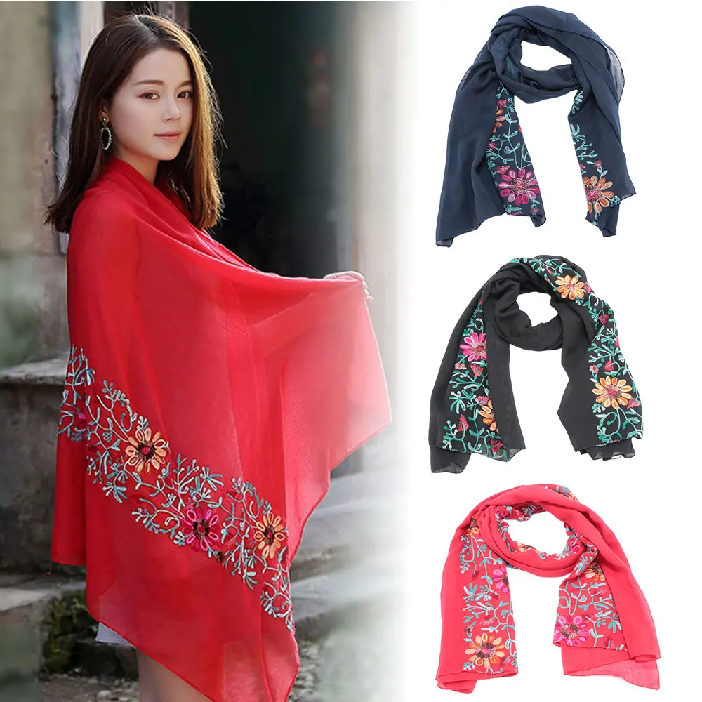 2018 Plain Embroidered Floral Viscose Scarf Shawl From Indian Bandana