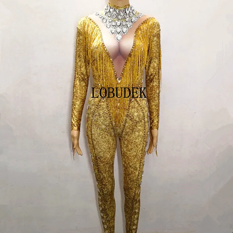 Chanteur 2019 Vêtements Femmes Salopette Outfit Performance D'étape Strass Discothèque Bar Usage Glands Sexy D'anniversaire Or Hôte Show 1rq1xwzf