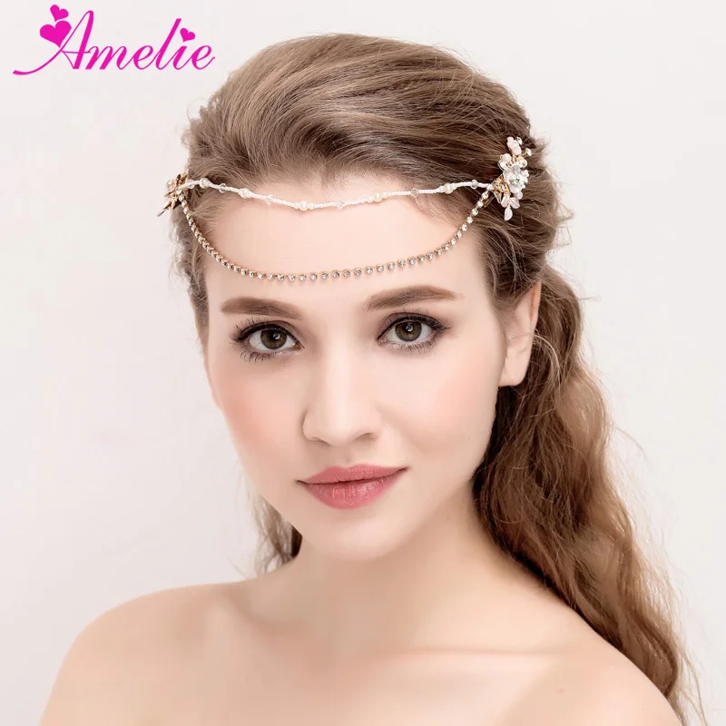 

Amelie Handmade Boho Hair Accessories Rhinestone and Pearl Head Chain Wedding Tiara Headband Jewelry Pink Flower Hairbands