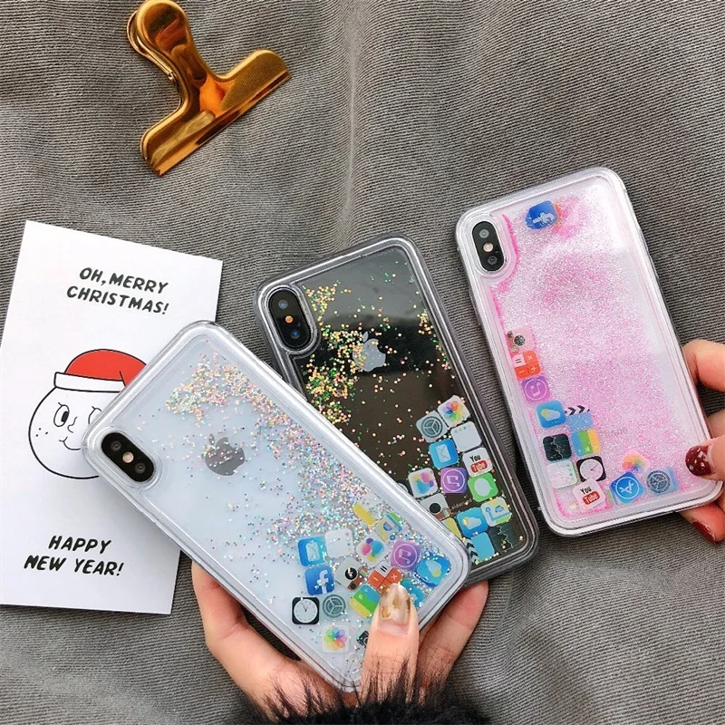 

Glitter Liquid Quicksand Cases Cute Amusing Mobile apps Icon pattern phone Case cover For iphone X 6 6s Plus 7 8 plus