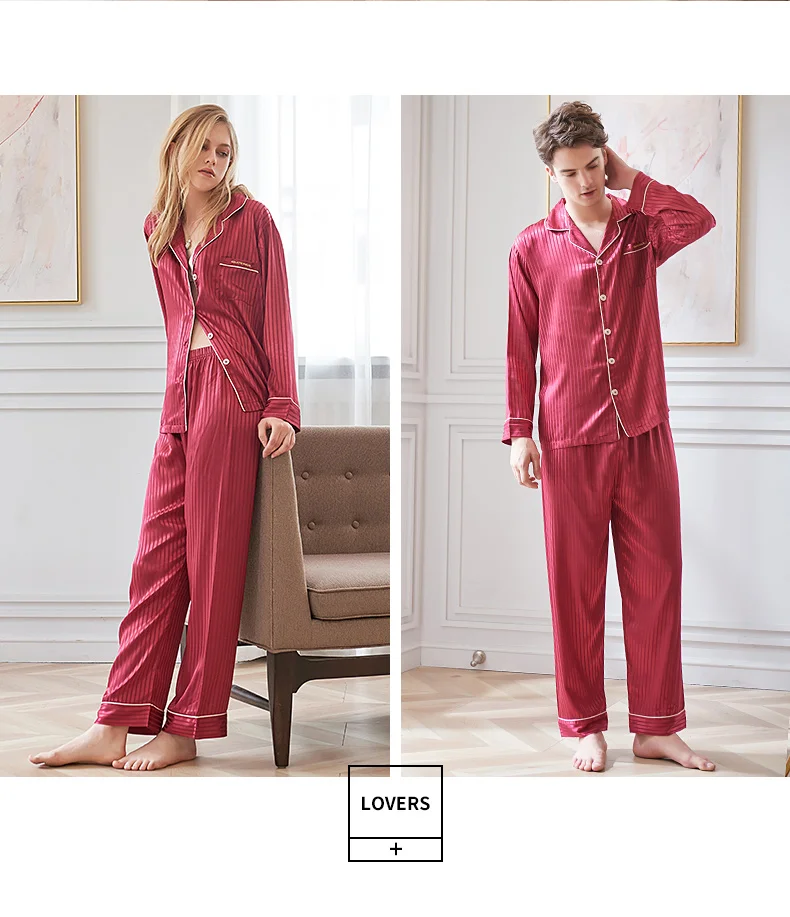 CherLemon осень пара свадебные пижамы премиум-класса шелковистой атласной пижамы Для женщин и мужская с длинным рукавом одежда для сна в