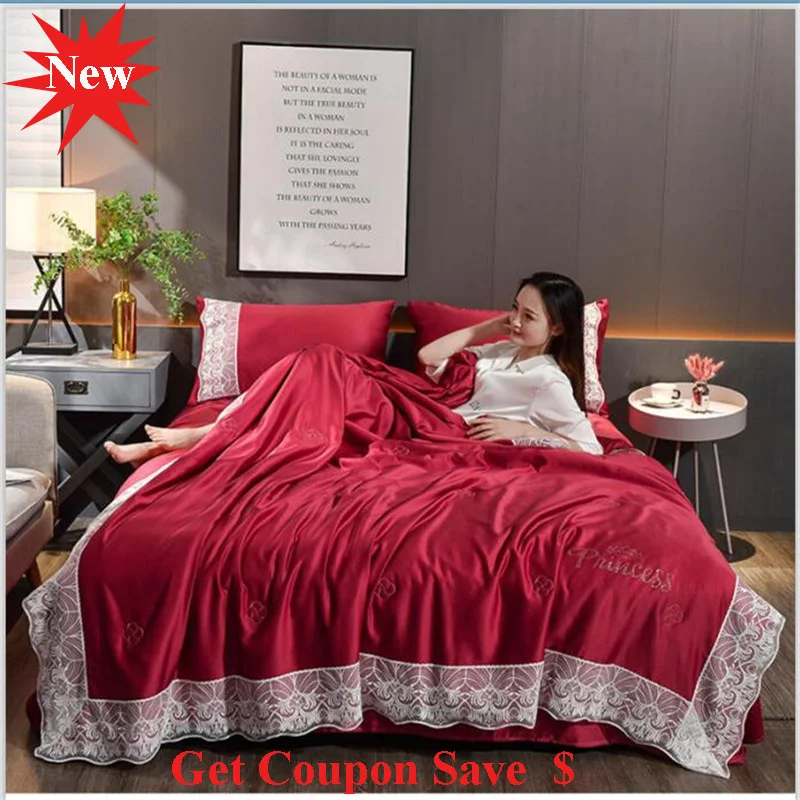 

4pcs Lace Edge washed silk summer quilt sets cool summer duvet pillowcase bed sheet sets air conditioning quilt free shipping
