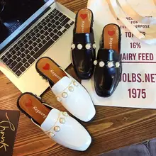 Г. Новые модные летние женские шлепанцы пикантные кожаные женские туфли на плоской подошве в британском стиле черные Размеры 35-39