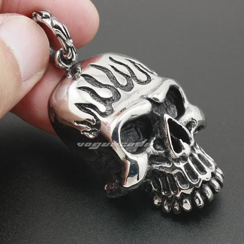 Huge Heavy 316L Stainless Steel Fire Skull Pendant Mens Biker Rock Punk Style 6K004 Steel Necklace 24 inches 3