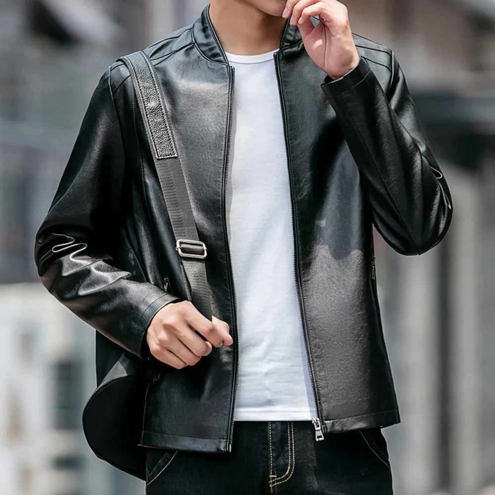 jacket men Stand collar Leather Jacket Spring Autumn Fashion PU Leather Coats Overcoat Male Casual Slim Fit Leather Jacket Tops