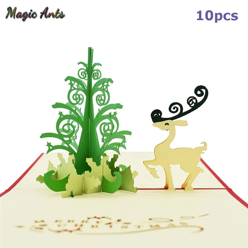 

10 Pack Merry Christmas Gifts Tree Pop UP Cards Reindeer Card Handmade with envelope Stickers Laser Cut New Year Greeting Cards