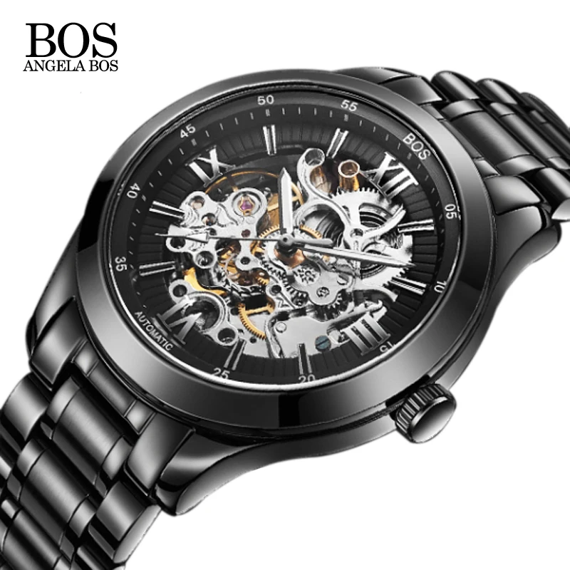 Bos Skeleton Automatic font b Watch b font Mechanical Black Stainless Steel Waterproof Luxury font b