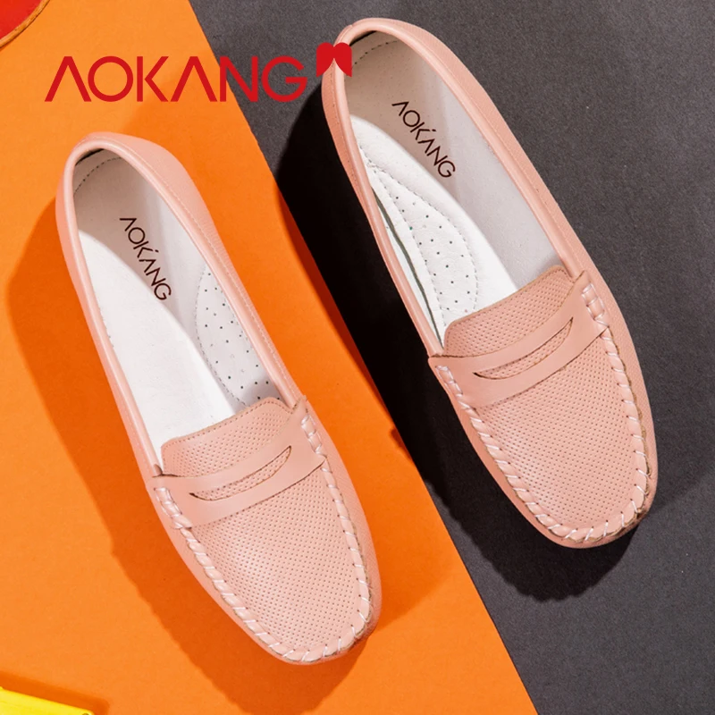 

AOKANG 2019 Flats women genuine leather casual shoes women pink white flats comfortable shallow shoes women high quality shoes