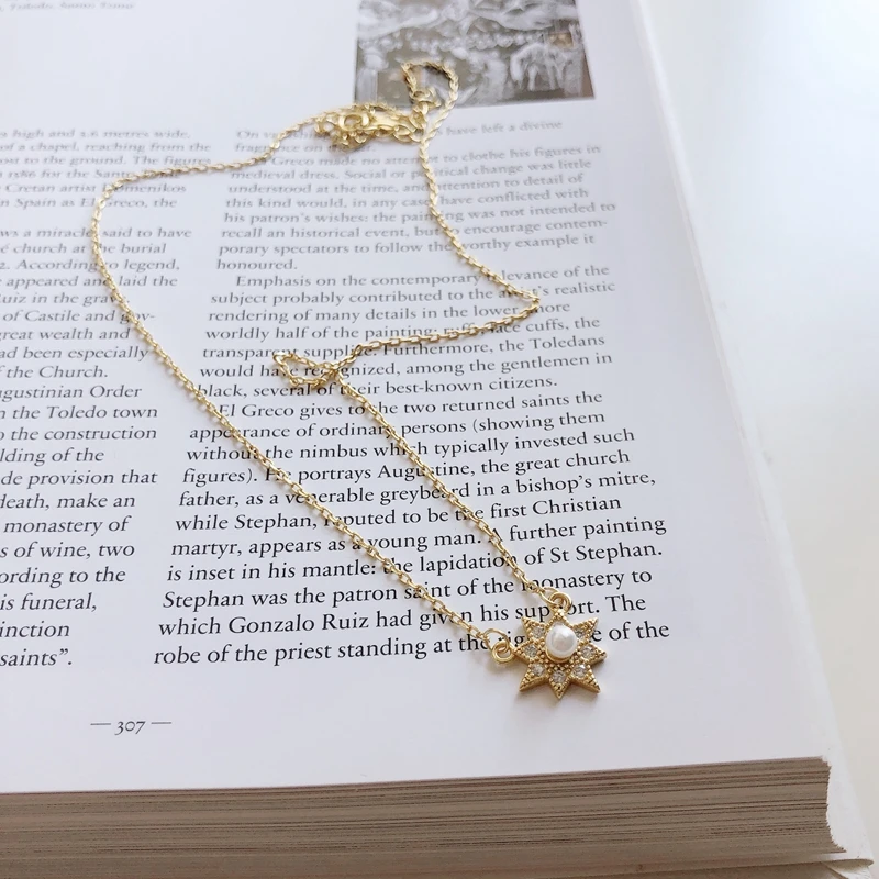

Korean Pearl Zircon Eight Point Star 925 Sterling Silver Necklace Round Circle Gold Chain Pendant Choker Necklace Women Jewelry