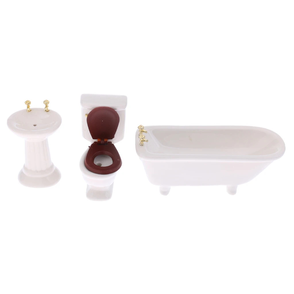 3pcs 1/12 White Ceramic Porcelain Bathroom Bathtub +Toilet +Basin Set Dollhouse Miniature Furniture Accs Pretend Play Toy Gift