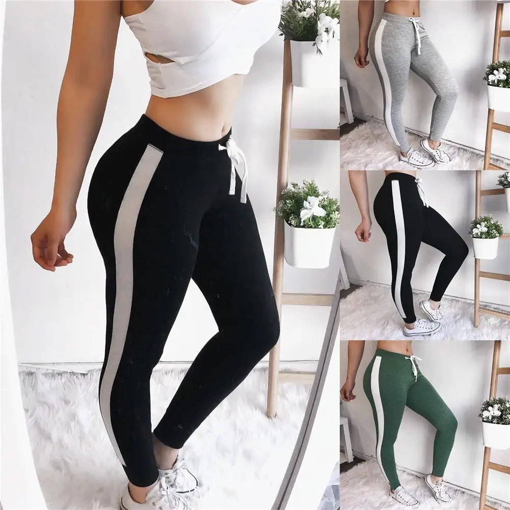 Women Pants Color Block Casual Tie Waist Yoga Pants Jogger Drawstring ...