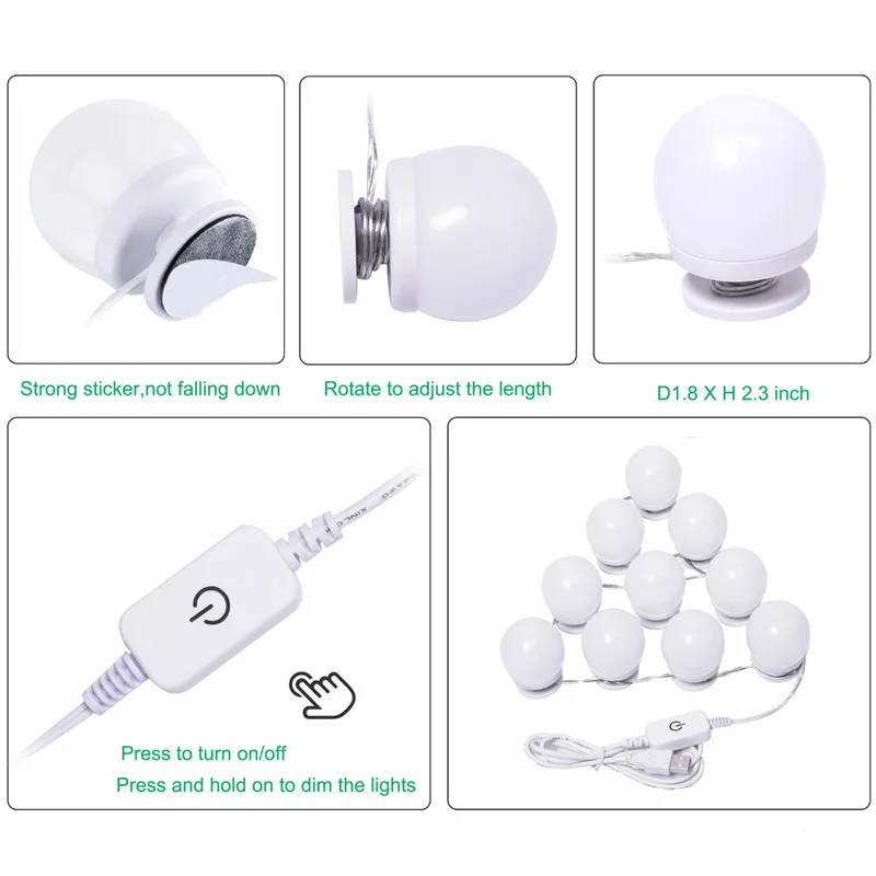 Голливудские зеркальные светильники Светодиодный набор регулируемых ламп туалетный столик макияж для комода с сенсорным диммером 5 в USB штекер в Великобритании CA склад