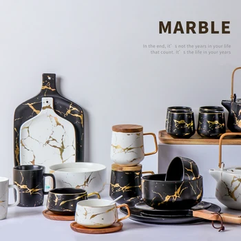 

Marble with gold inlay ceramic platter Dinner Plate tray with handle tableware dinner serving set marble dinnerware