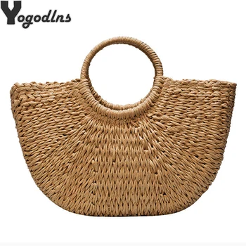 

2020 New Summer Handmade Bags Women Pompon Beach Weaving Ladies Straw Bag Wrapped Beach Bag Moon shaped Bag