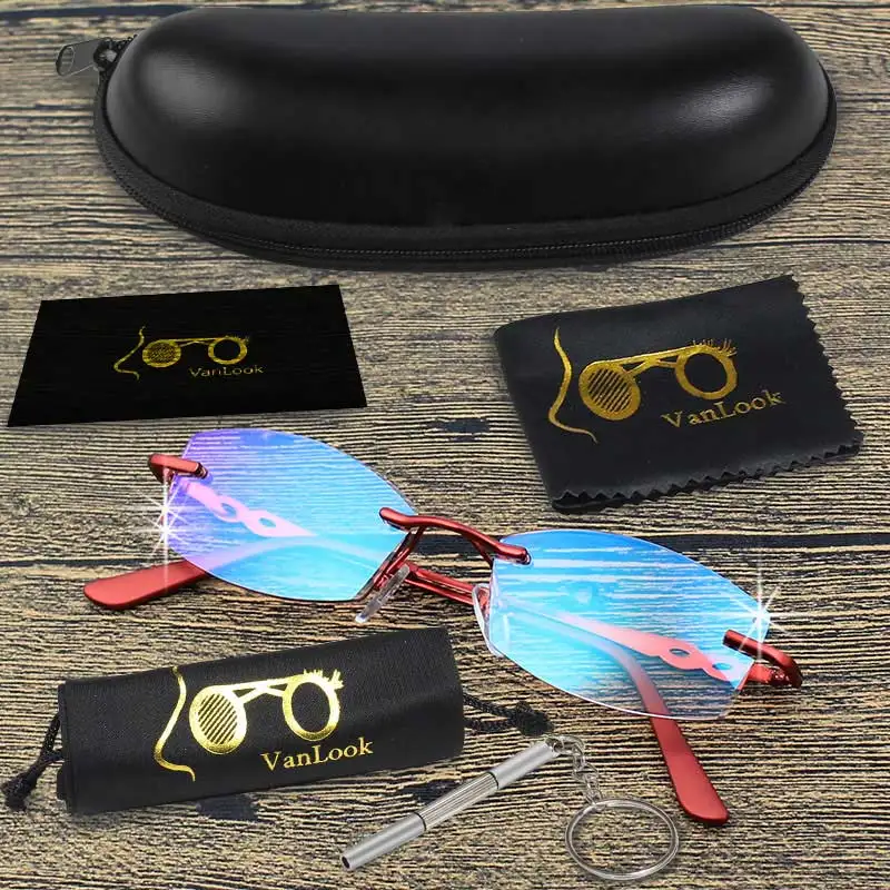 Vanlook женские очки для чтения со стразами без оправы антибликовые очки для глаз с диоптрией+ 1 1,5 2 2,5 3 3,5 4 - Цвет оправы: Red-Crystal Magenta