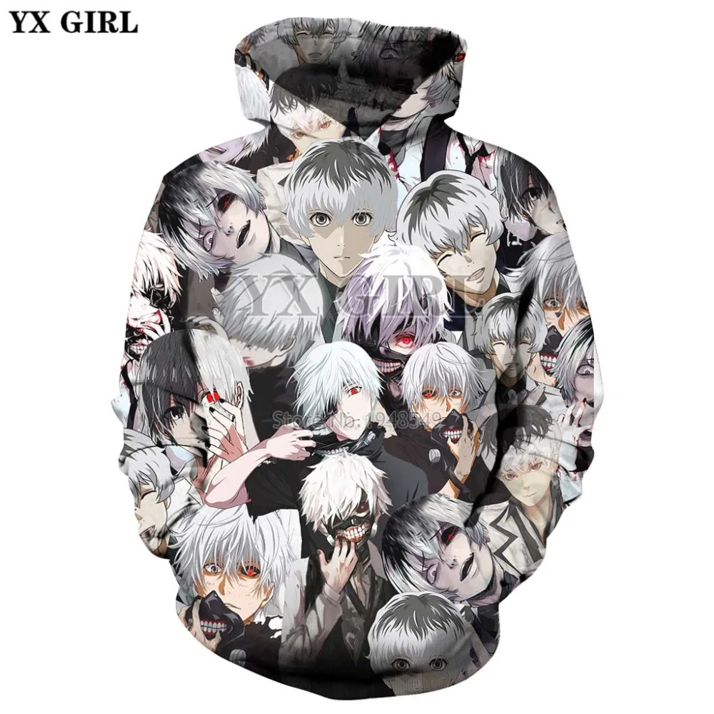 

YX GIRL 2018 New Fashion Men Hoodies Ken Kaneki Tokyo Ghoul Anime collage Print 3d Sweatshirt Unisex Casual Harajuku Hoody