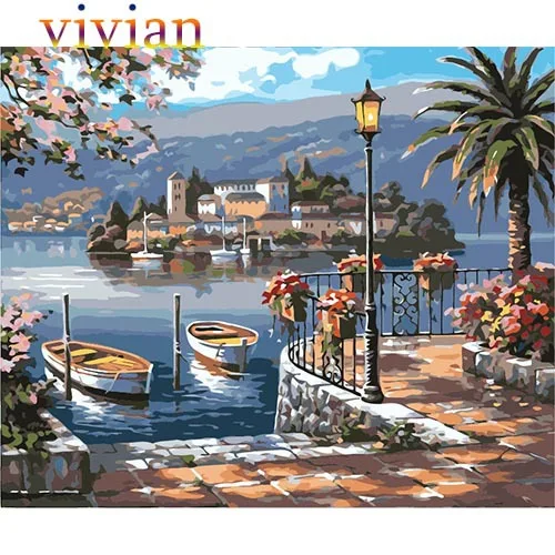 16x20/" DIY Acrylic Paint By Number kit Painting Canvas Lakeside House Harbour