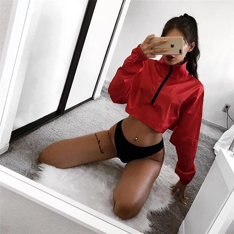 Polo turtleneck zipper pullover coat high street style women new fashion high collar short style long sleeve red hoodies