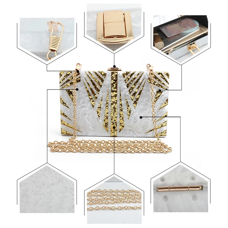 US $25.55 Fashion Acrylic Women Clutches Purse Unique Design Leaves Sequin Pattern Evening Bag High Quality Chain Shoulder Bag Zd1219