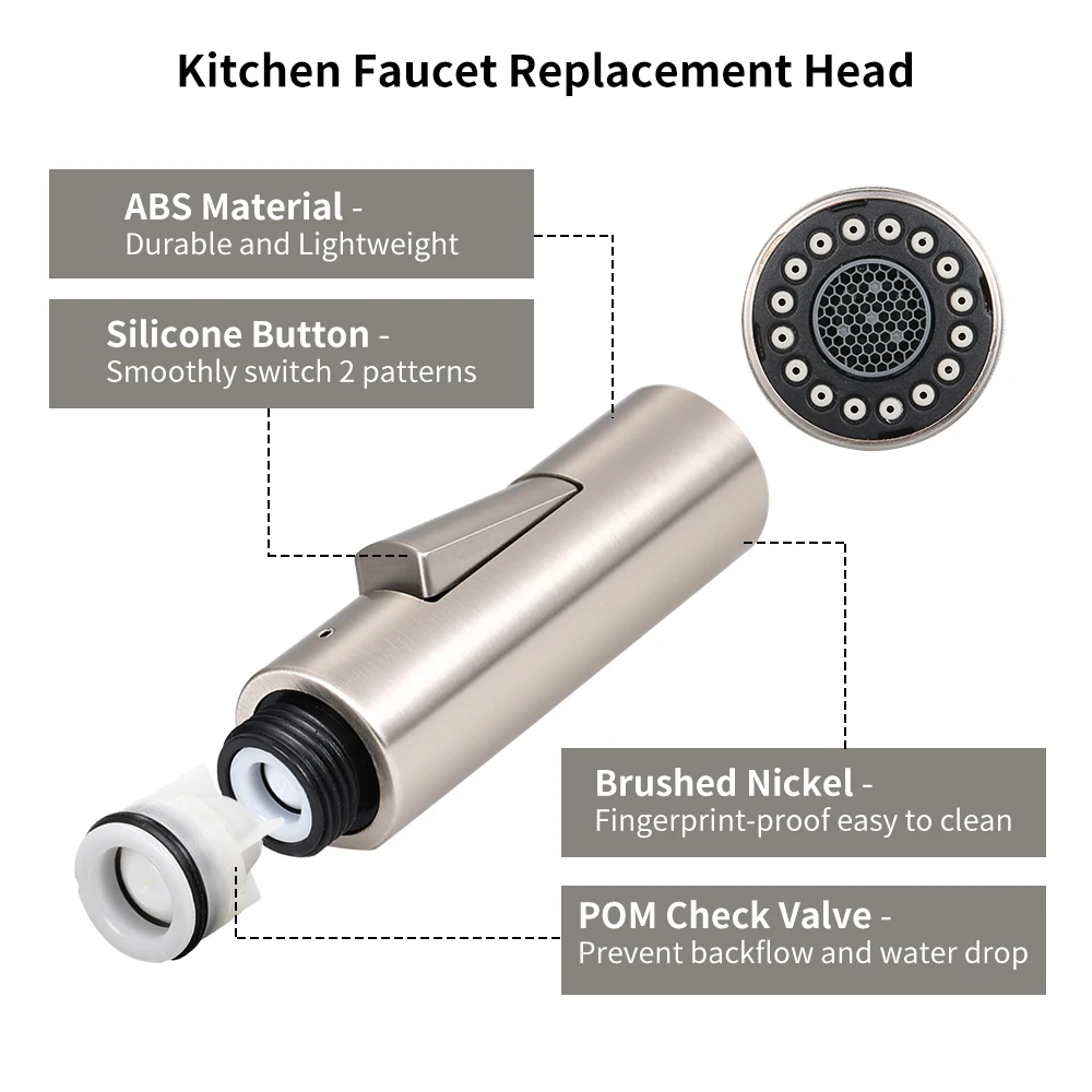 Replacement Pull-Out Spray Head Faucet 2-Function with Check Valve Connection Pull Down Kitchen Faucet Nozzle Brushed Nickel Replacement Pull-Out Spray Head Faucet 2-Function with Check Valve Connection Pull Down Kitchen Faucet Nozzle Brushed Nickel