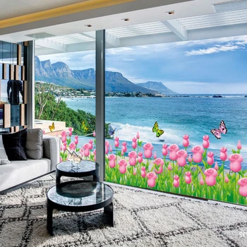 

Garden Tulip flower Butterfly Baseboard wall Stickers DIY 3D effect Wall Decal Home decor Living Room Bedroom Window Decoration