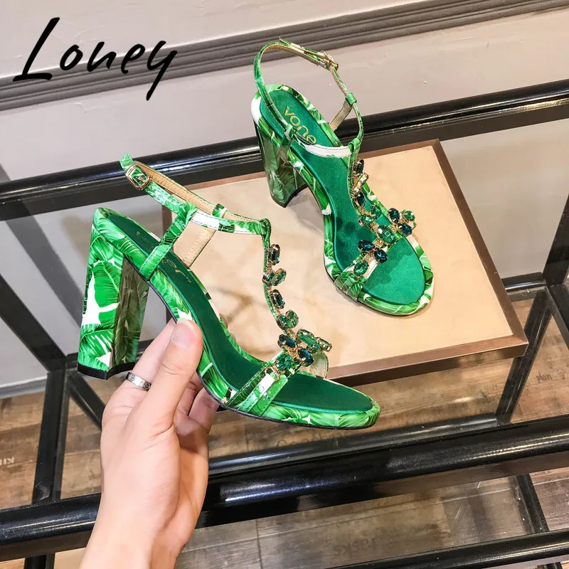 

Loney New Crystal Diamond Buckle Strap Summer Sandals Open Toe Thick Heel Sandals Shoes Women