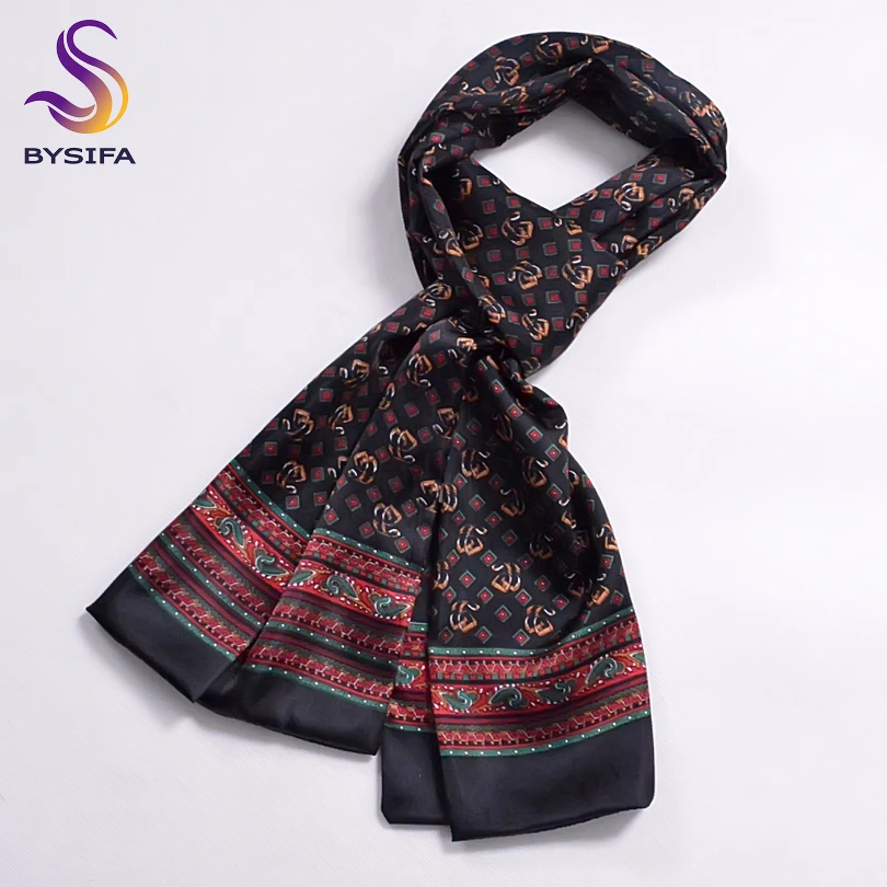 [BYSIFA] Winter Black Plaid Men Silk Scarf New Spring Autumn 100% Pure Silk Male Long Scarves Neck Warmer Scarf 160*26cm