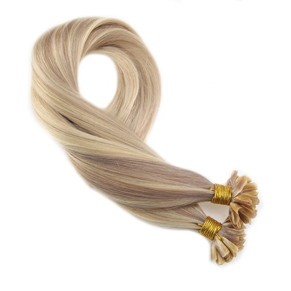 

Moresoo U tip Highlight Hair Extensions Remy Human Hair Keratin Hair Extensions Color #18 Ash Blonde Mixed with #613 Blonde 50g