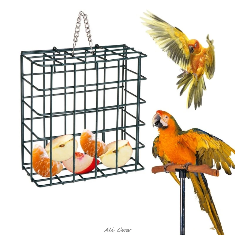

Bird Feeder Green Cube Cage Food Container Outdoor Wild Birds Parrot Feeding Hanging Tree Portable Fruit Vegetable Park Garden