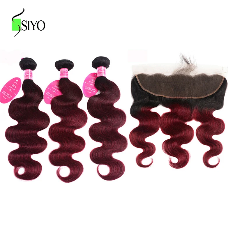 

SIYO Ombre Bundles With Closure 1B/99j Brazilian Body Wave 3 Bundles With Frontal Free Part Remy Human Hair Bundles With Closure