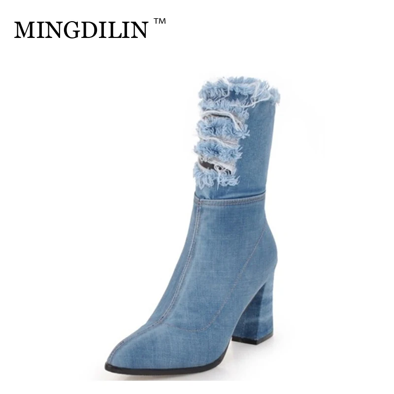 

MINGDILIN Denim Ankle Boots Large Size Autumn winter Fashion Party Keep Warm Sharp Head Coarse Heel Woman Zipper Short Boots 43