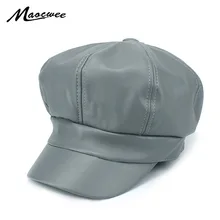 Восьмиугольной Hat Pu Искусственная кожа берет Шапки для Для женщин зима-осень Кепки женский Boina Feminina Модные осенние берет Кепки Кости Gorras