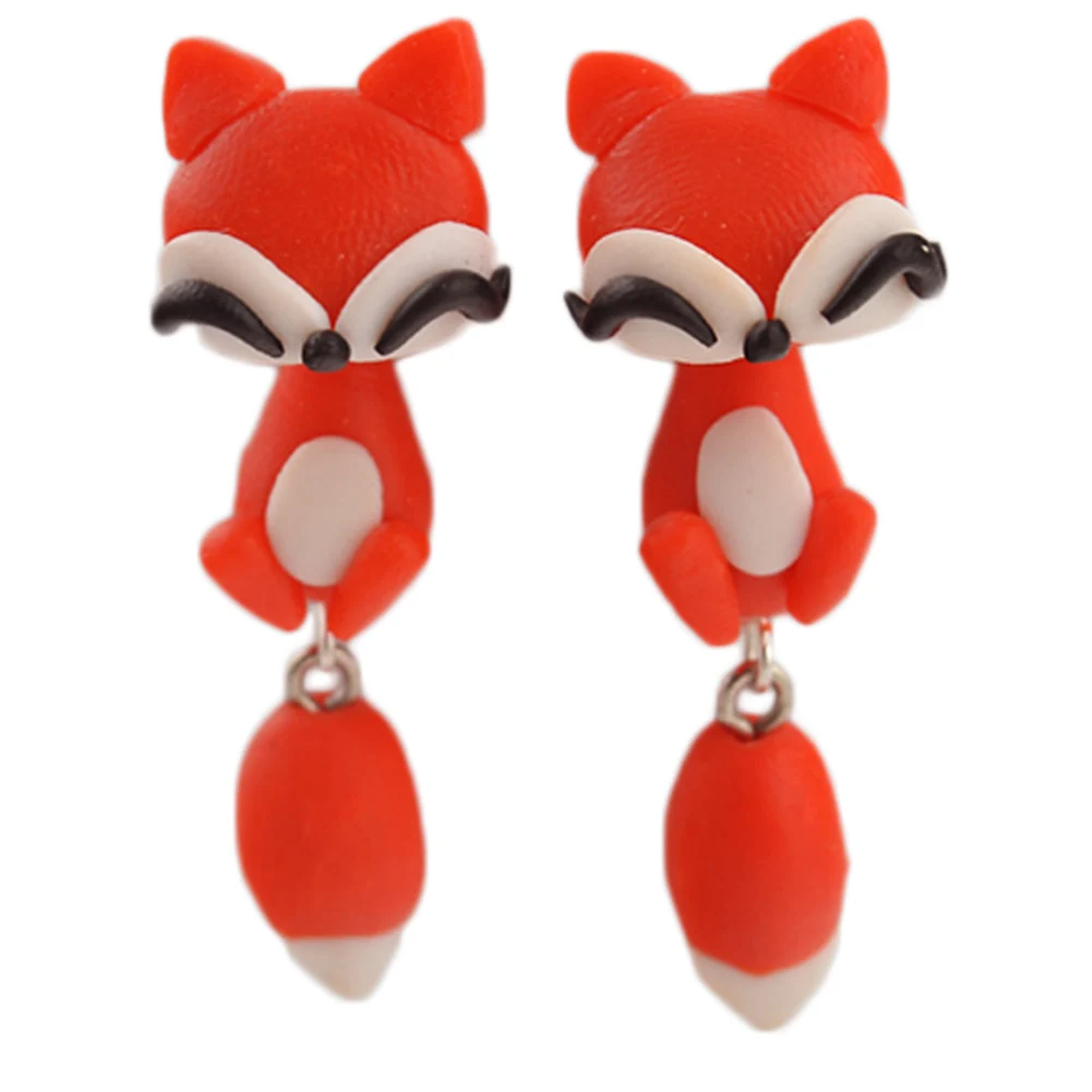

Handmade Cute Lovely Fox Cats Earrings With tail polymer Clay Stud Earrings Women ear Jewelry Animal Earrings
