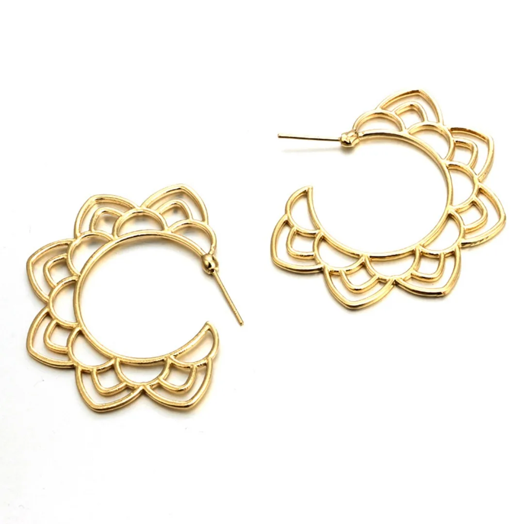 Vintage Ethnic Silver/Gold Color Hoop Earrings Charms Hollow Lotus Flower Earrings Bohemian Womens' Jewelry Accessories Gifts
