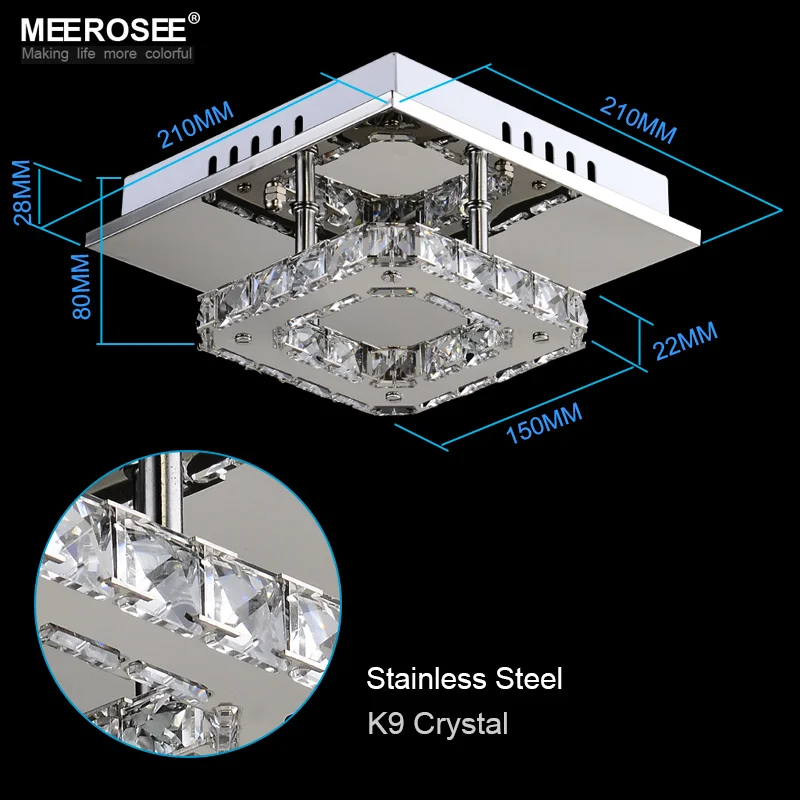 Square LED Crystal Chandelier Light for Aisle Porch Hallway Stairs wth